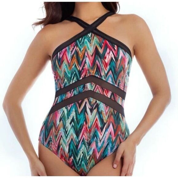 Miraclesuit Women's M Zigzag Striped One-Piece Swimsuit Crisscross - Picture 1 of 6